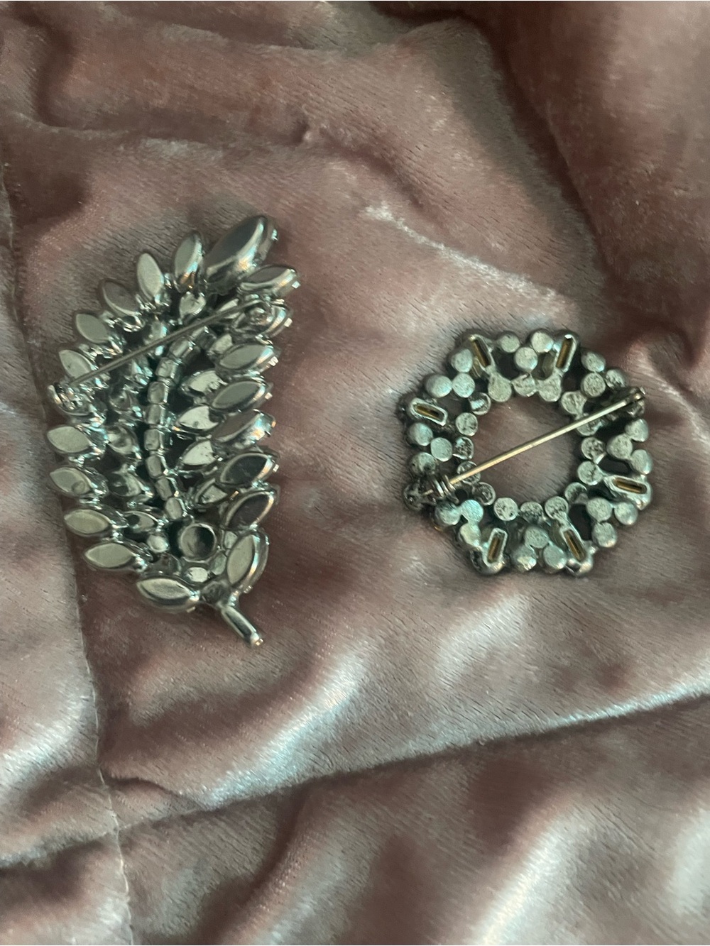 Unmarked Crystal Leaf and Circle Brooch Set - Silver-Tone Rhinestone Pins - Picture 2 of 7